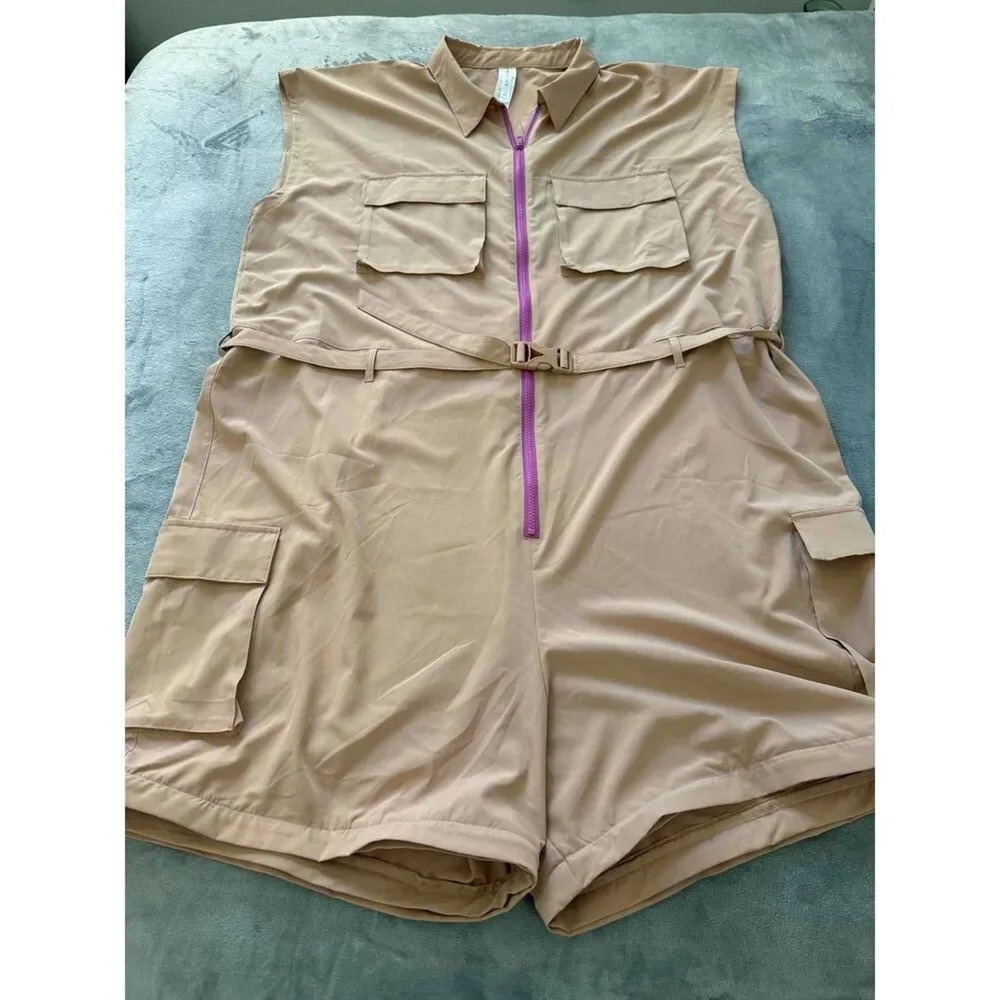 Fabletics Tan Utility Jumpsuit Sleeveless Zipper Pockets Belted Womens Size 4X - Picture 3 of 9
